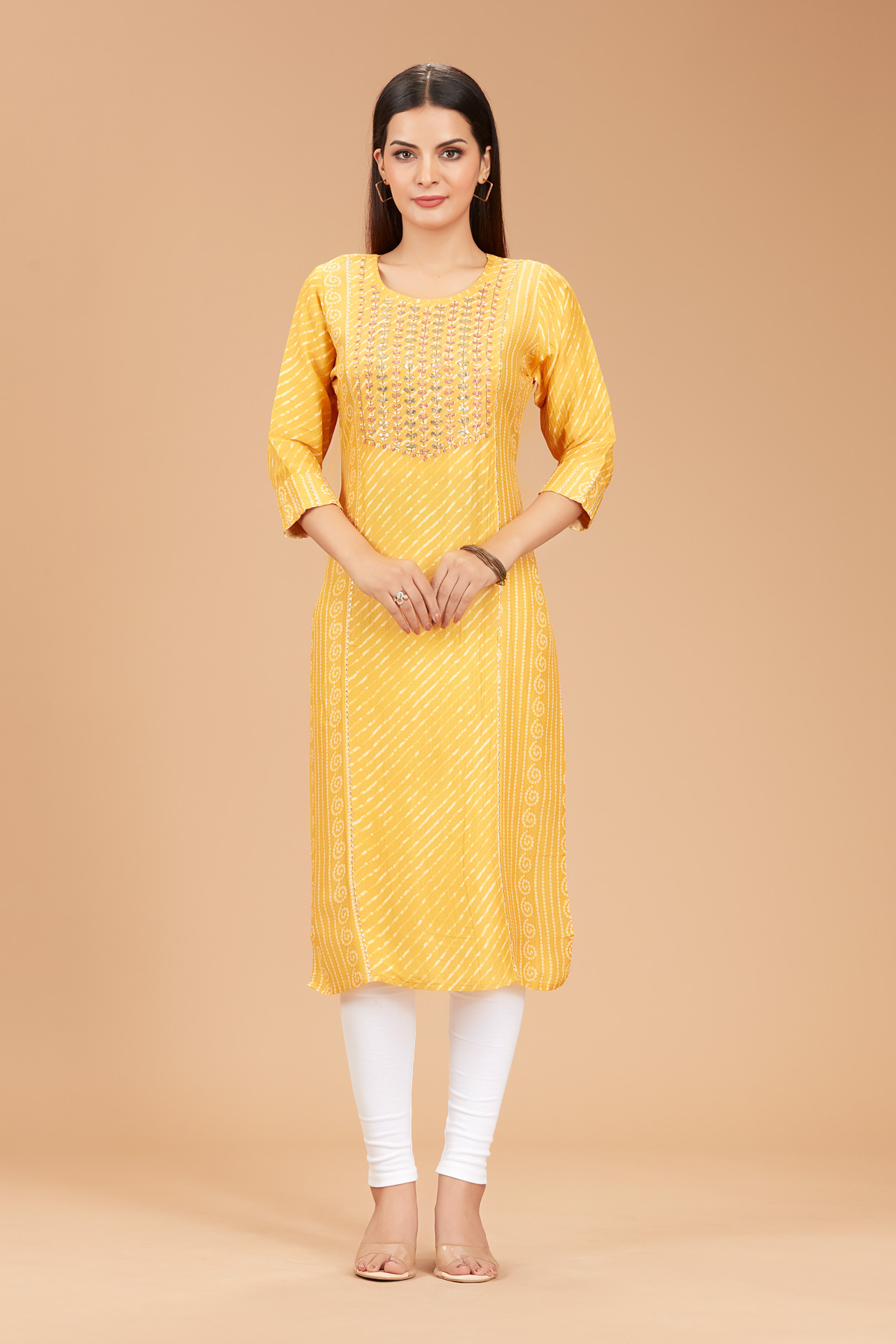 Yellow Printed Straight Kurti